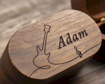 Personalized Wood Guitar Pick Box, Custom Picks Case, Engraved Plectrum Holder, Guitar Player Gift