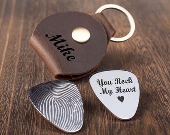 Personalized Stainless Steel Guitar Pick with Leather Case, Engraved Fingerprint Gift