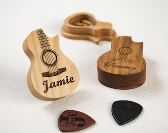Personalized Wooden Guitar Pick Box, Custom Engraved Plectrum Holder, Guitar Player Gift