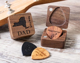 Custom Wood Guitar Pick Box with State Map, Personalized Picks Case Holder, Musical Gift