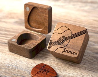 Personalized Walnut Guitar Pick Case: Engraved Plectrum Holder, Guitarist Gift