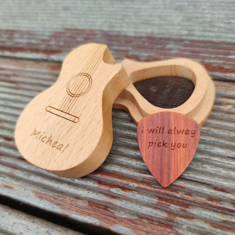 Personalized Guitar Pick Box, Engraved Wood Pick Case, Custom Plectrum Holder, Musician Valentines Day Gift Wooden Box For gurtar player image 2