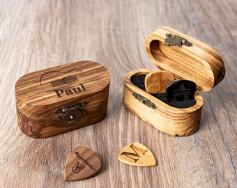 Personalized Wooden Guitar Pick Box, Engraved Plectrum Case Holder, Musician Gift