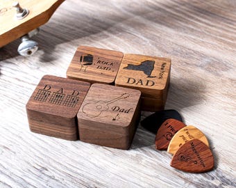 Custom Wood Guitar Pick Case, Personalized Picks Box Holder, Musical Gift for Dad
