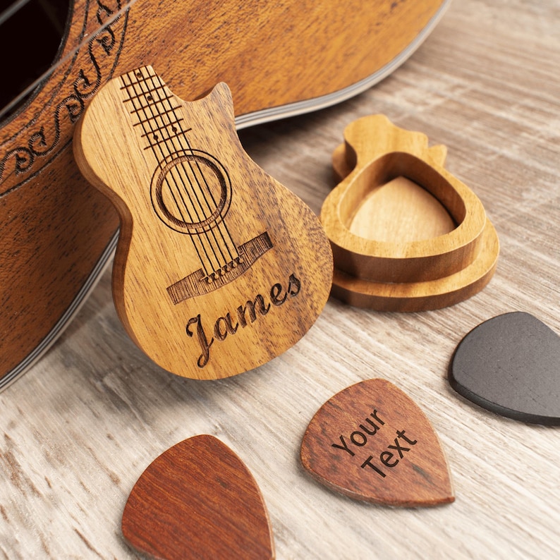 Personalized Custom Wood Guitar Pick with Unique Case, Engrave Holder Box for Wooden Picks, Gift for Musicians Player, Birthday Gifts image 1