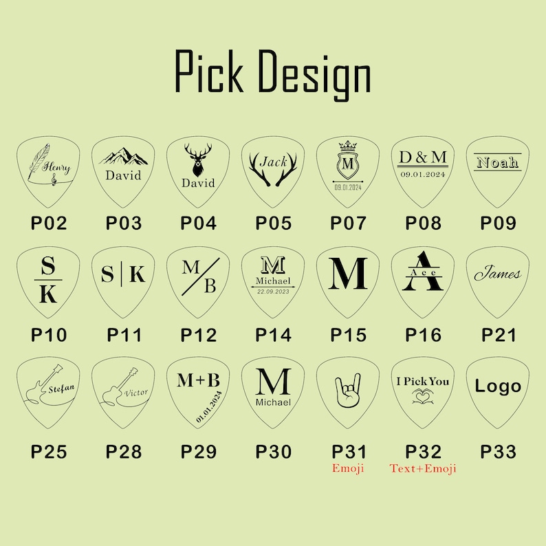 K&ouml;nnte beinhalten: Ein Diagramm mit 33 verschiedenen Gitarrenplektrum-Designs. Die Plektra sind alle schwarzwei&szlig; und zeigen verschiedene Designs, darunter Namen, Initialen, Daten und Emojis. Die Plektra sind mit den Nummern P02 bis P33 beschriftet.