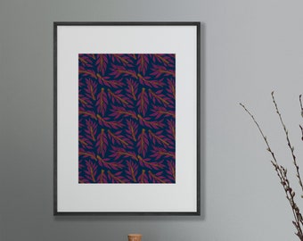 Fuchsia Branches Wall Art, Fuchsia and Blue Art Print, Leaves and Branches Wall Art, Seasonal Home Decor