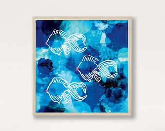 Watercolor Fish Art Print, Angels of the Deep Tropical Wall Art, Coastal Home Decor, Blue