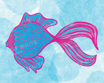 Watercolor Pink Fish Wall Art, Angelfish Painting, Tropical Nautical Ocean Fish Home Decor