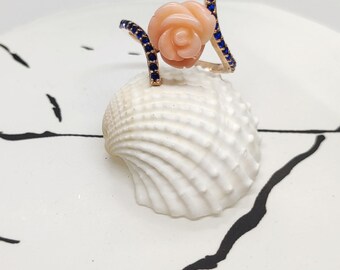 Anillo de rosa de coral tallada: Plata de ley 925, piedra de nacimiento de octubre
