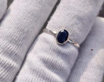 Genuine Blue Sapphire Ring, Oval Sapphire Bezel Set Ring, Dainty Minimalist Solitaire Ring, Simple Sapphire Ring, September Birthstone Gift