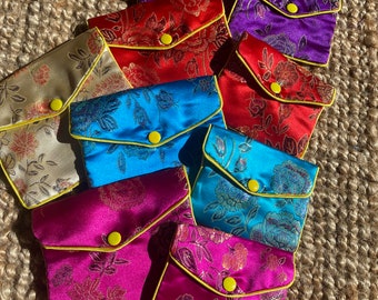 Good luck & wealth - Floral oriental satin / silk money purses pouches pink purple gold blue red Chinese Asian