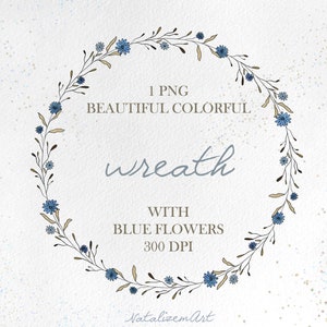 Clipart de guirlanda digital png, flores azuis, margarida, cartão de casamento, clip art de casamento, guirlanda em aquarela, flor em aquarela, guirlanda floral, ouro