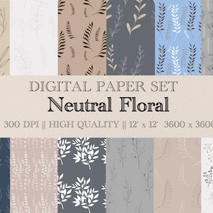 Neutral Floral Digital Paper Set, Seamless Textures, Flower Patterns ...