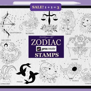 Francobolli Zodiac Procreate / Francobolli Astrologia Procreate / Pennelli Zodiac Procreate / Design floreale Zodiac Procreate / Uso commerciale incluso