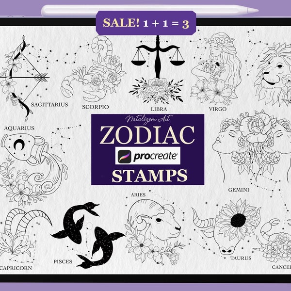 Timbres procréation du zodiaque | Timbres Astrologie Procréer | Brosses Zodiac Procreate| Conception florale du zodiaque procréer | Utilisation commerciale incluse