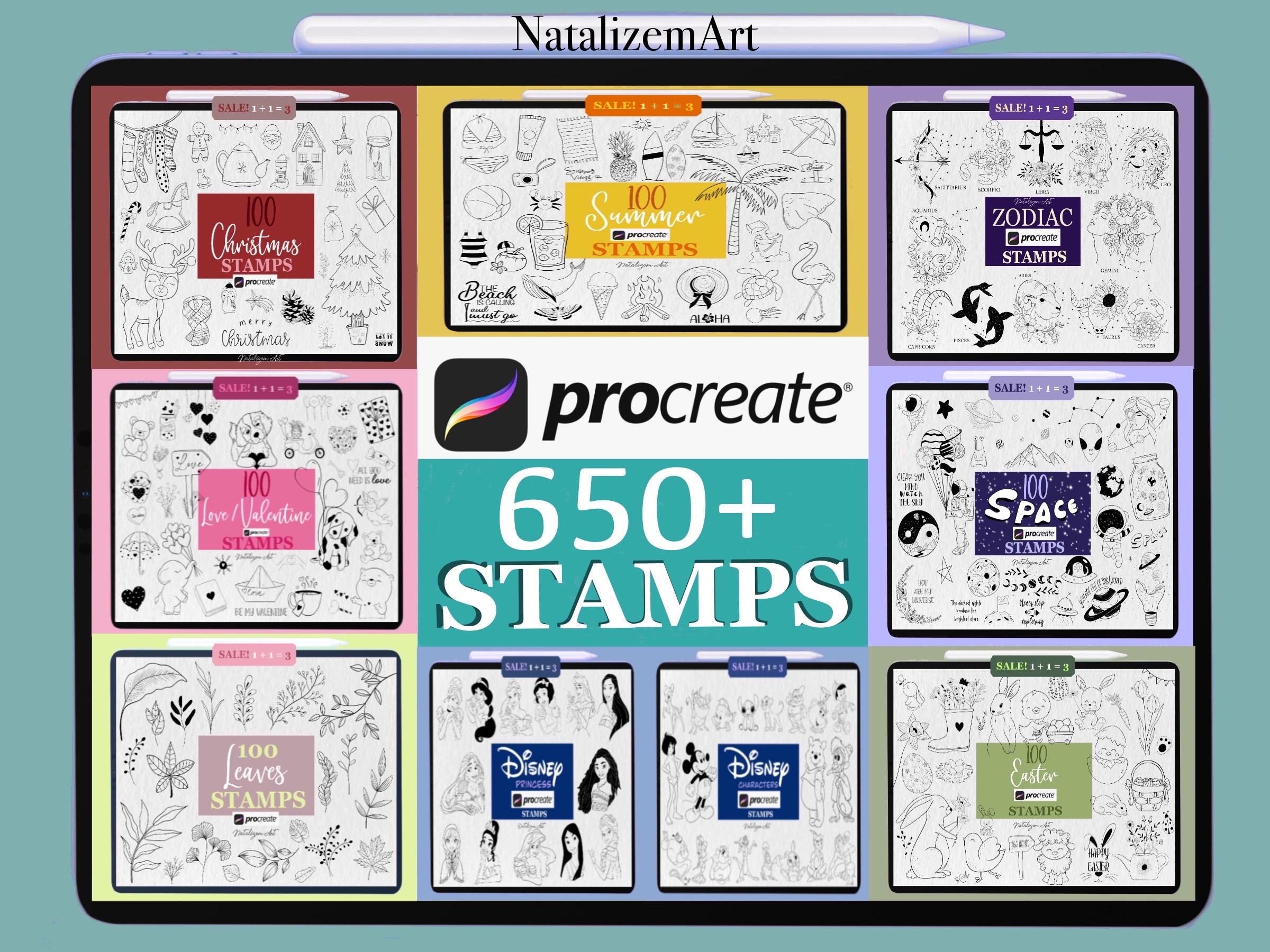 650+ Procreate Stamps Mega-Bundle – Procreate-Pinsel für Botanik, Prinzessin, Sternzeichen, Ostern & Weihnachten – Kommerzielle Nutzung