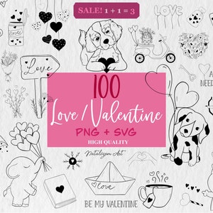 100 Love Valentine SVG + PNG-bundel voor Cricut | Liefde harten SVG | Valentijnsdoodles | Bruiloft clipart SVG PNG| Valentijnsdag SVG-ontwerp