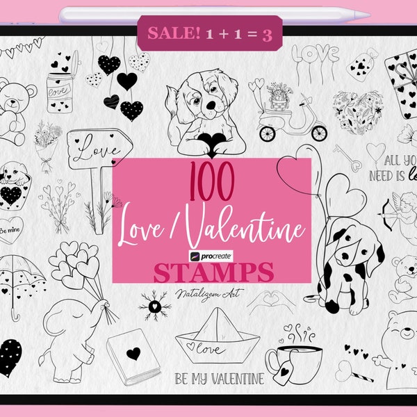 100 Love Valentine Procreate Stamps | Procreate hearts stamps | Procreate doodles | Wedding procreate stamps | Valentine's day Brushes Stamp