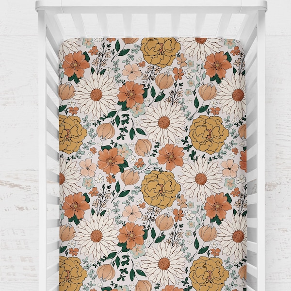 Retro Floral Sheet, Floral Baby Bedding, Vintage Floral Crib Sheet, Baby Shower Gift, Baby Girl, Boho Colors, Mustard And Rust, Indie