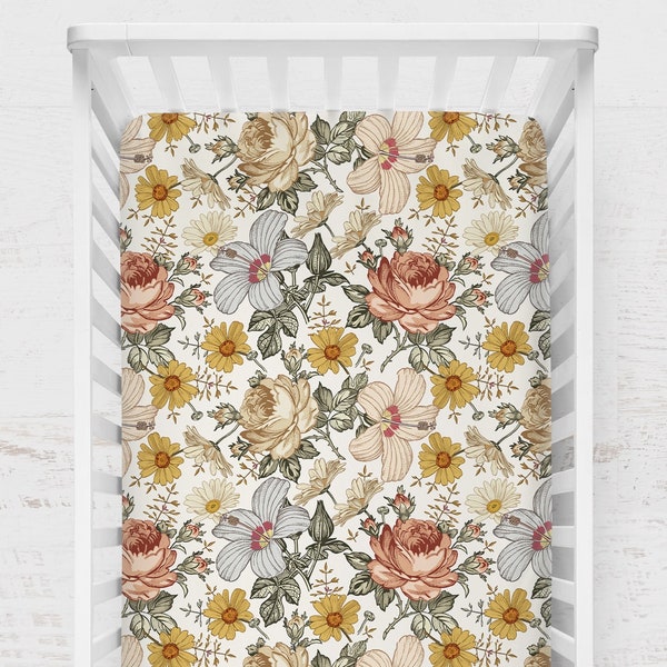 Girl Crib Bedding, Vintage Floral Crib Sheet, Baby Girl Nursery, Baby Shower Gift, Floral Crib Sheet, Golden Yellow, Earth Tones, Rust,