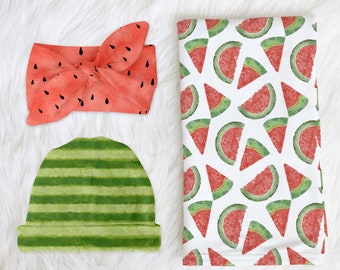 Customized Swaddle Blanket Set, Watermelon Swaddle Blanket, Fruit Swaddle Set, Melon Baby Blanket, Blanket Hat and Headband Set, Summer Set
