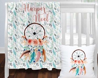 Dreamcatcher Nursery Set, Personalized Boho Baby Blanket, Crib Bedding Set, Bohemian Baby Shower, Kids Bedding, Dreamcatcher Bedding Set