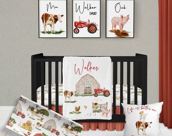 Farm Nursery Decor, Farm Crib Bedding Set, Farm Crib Set, Personalized Baby Boy Crib, Farm Baby Shower Gift, Custom Crib, Cow, Pig, Barn,