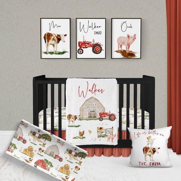 Farm Nursery Decor, Farm Crib Bedding Set, Farm Crib Set, Personalized Baby Boy Crib, Farm Baby Shower Gift, Custom Crib, Cow, Pig, Barn,