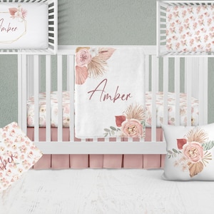 Baby Girl Boho Bedding Set, Floral Boho Crib Bedding Set, Baby Girl Boho Nursery, Personalized Baby Blanket, Boho Bedding, Custom Crib Sheet