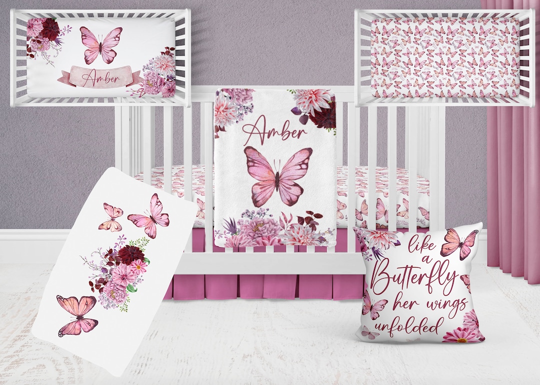 Floral Butterfly Crib Bedding Set, Butterfly Nursery Bed Set, Baby