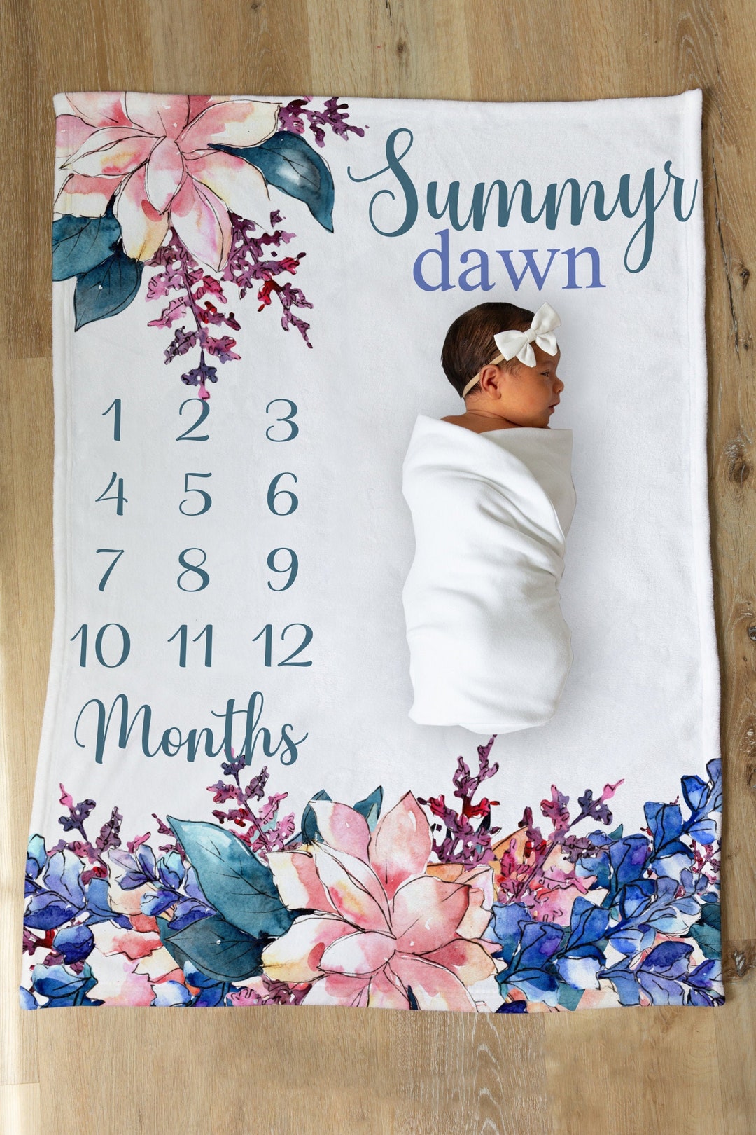 Floral Baby Blanket Personalized Girl, Milestone Blanket, Baby Age