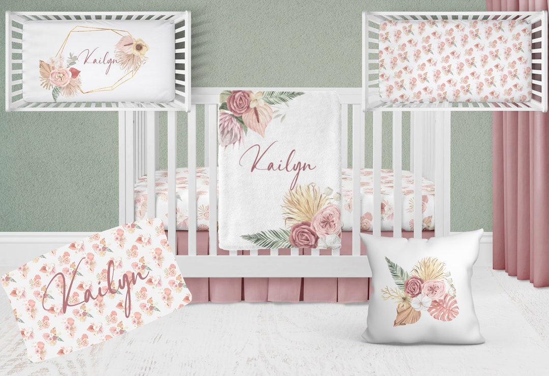 Baby Girl Boho Bedding Set, Floral Boho Crib Bedding Set, Baby Girl
