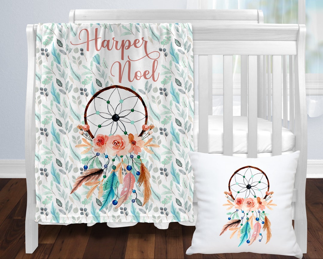 Dreamcatcher Nursery Set, Personalized Boho Baby Blanket, Crib Bedding