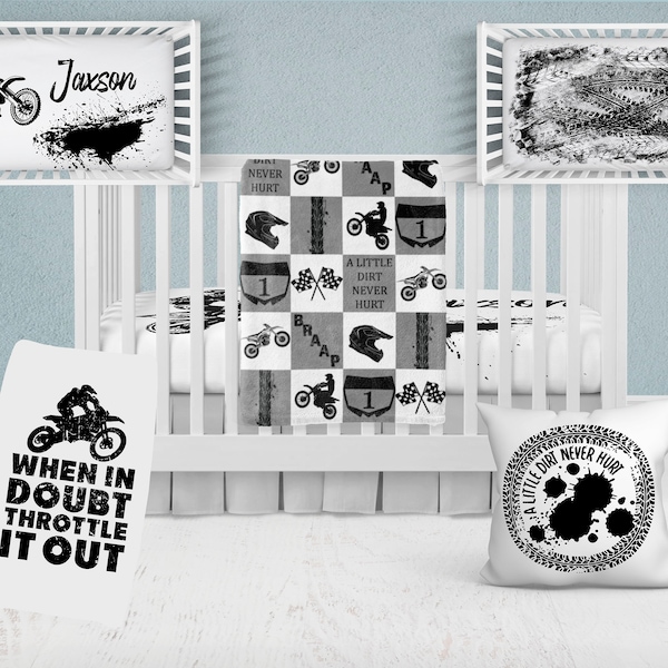 Motocross Bedding Set, Dirt Bike Nursery Set, Personalized Crib Bedding, Baby Shower Gift, Baby Name Blanket, Crib Sheet, Motocross Bedroom