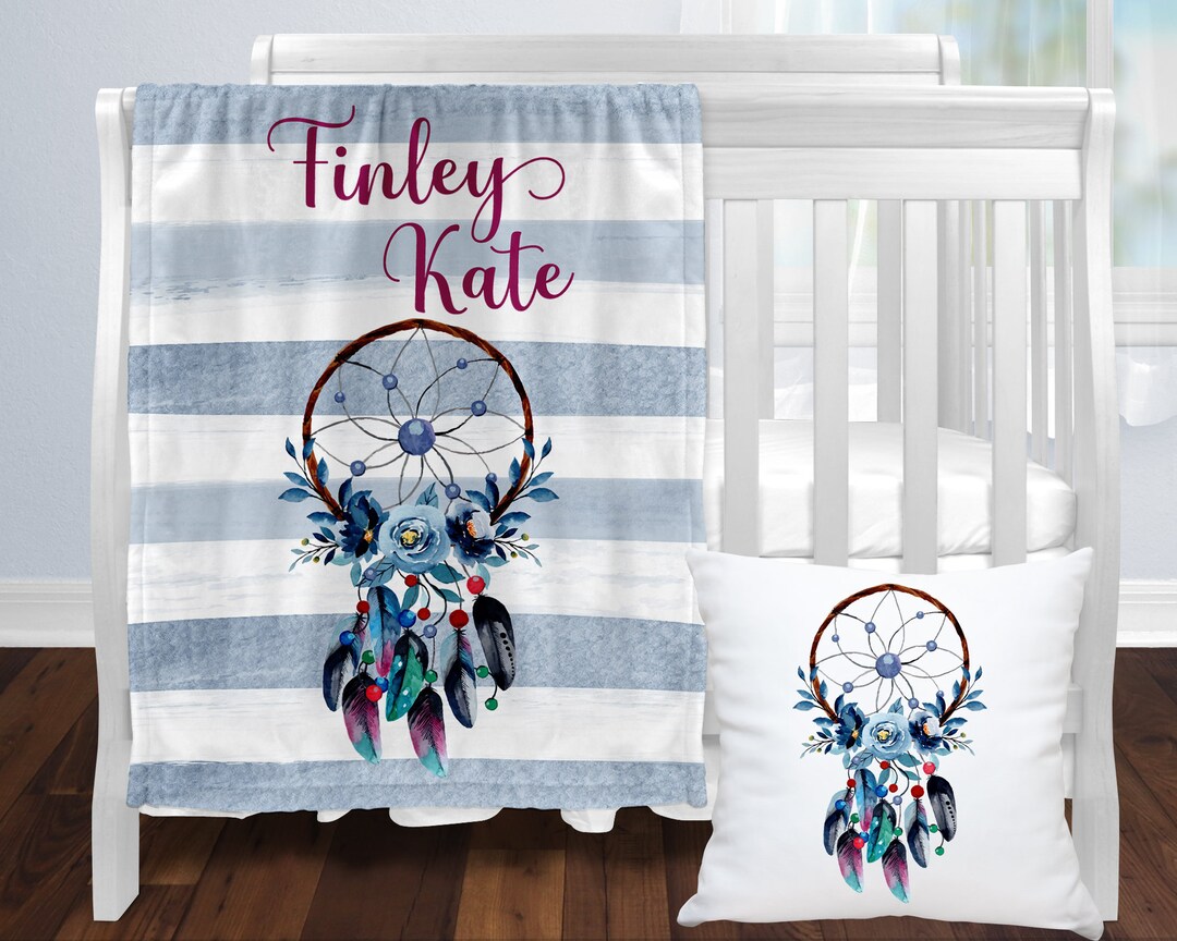 Dreamcatcher Nursery Set, Personalized Boho Baby Blanket, Crib Bedding