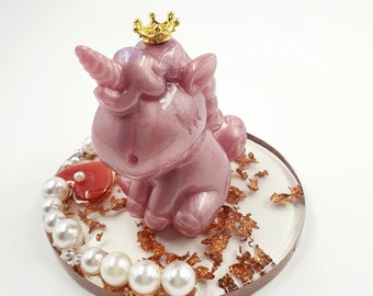 Pink Unicorn Figurine with Gold Crown, Base with Pearls, Rings Holder, Nursery Decor