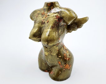 Gold Female Torso Sculpture with Angel Wings, Handmade Resin Goddess Statue, Female Body Ornament