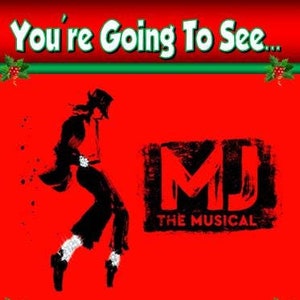 May include: A red Christmas card with a green border. The card features a silhouette of Michael Jackson in a dance pose. The text "You're Going To See... MJ The Musical" is in black and white. The text "Merry Christmas Name" is in white with a green border.