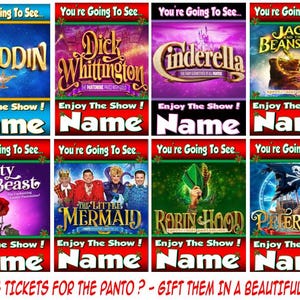 May include: A selection of vibrant theatre ticket cards, showcasing titles such as "Aladdin," "Dick Whittington," and "Cinderella." Each card includes a title, the words "Enjoy the Show!" and a space for a name. The bottom text reads: "Gifting tickets for the Panto? - Gift them in a beautiful card!"