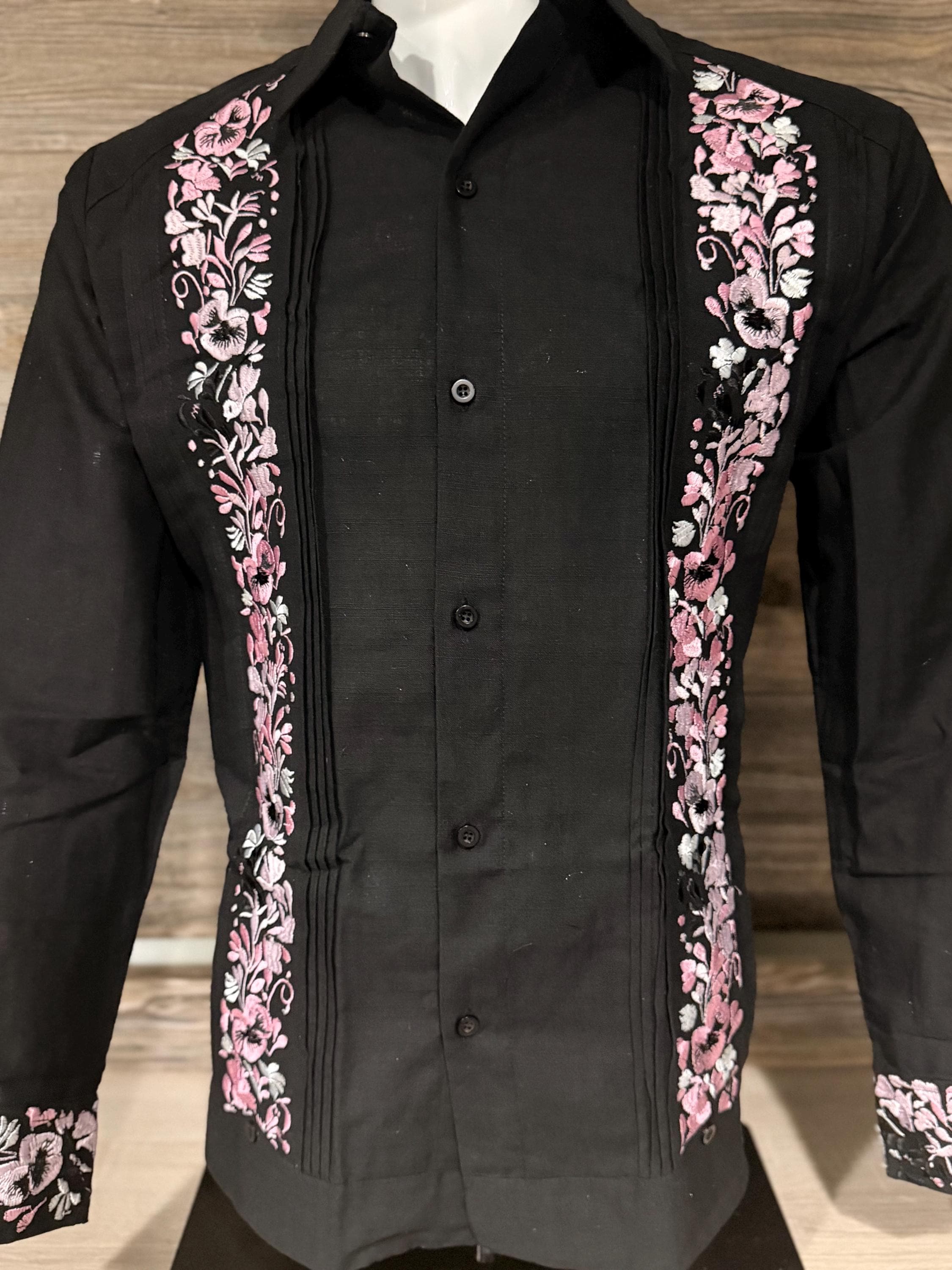 Mens Mexican Guayabera Wedding Shirt Elegant Rose Pink Flower