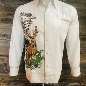 Clearance Sale - Mexican Guayabera Shirt White Linen Deer Embroidery -