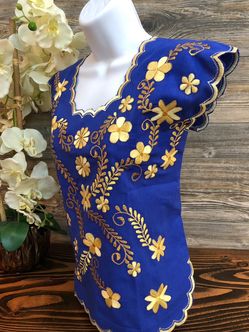 Women Mexican Huipil Blouse Embroidered King Blue Blusa Artesanal Bordada Azul Rey