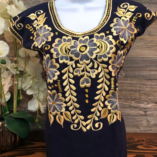 Women Handcrafted Mexican Linen Blouse Shirt Top Golden Floral Embroidery Navy Blue Blusa Lulu Azul Marino Lino 100% Yucateca