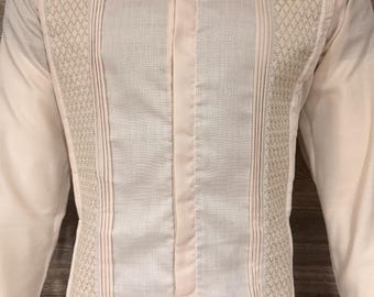 Mens Mexican Guayabera Wedding Shirt Long Sleeve Beige With Gold Embroidery