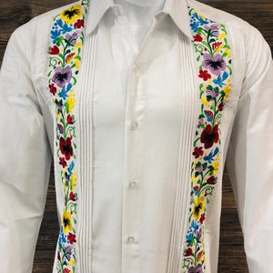 Mexican Guayabera Mens Wedding Shirt Hummingbird Floral Embroidery Long Sleeve
