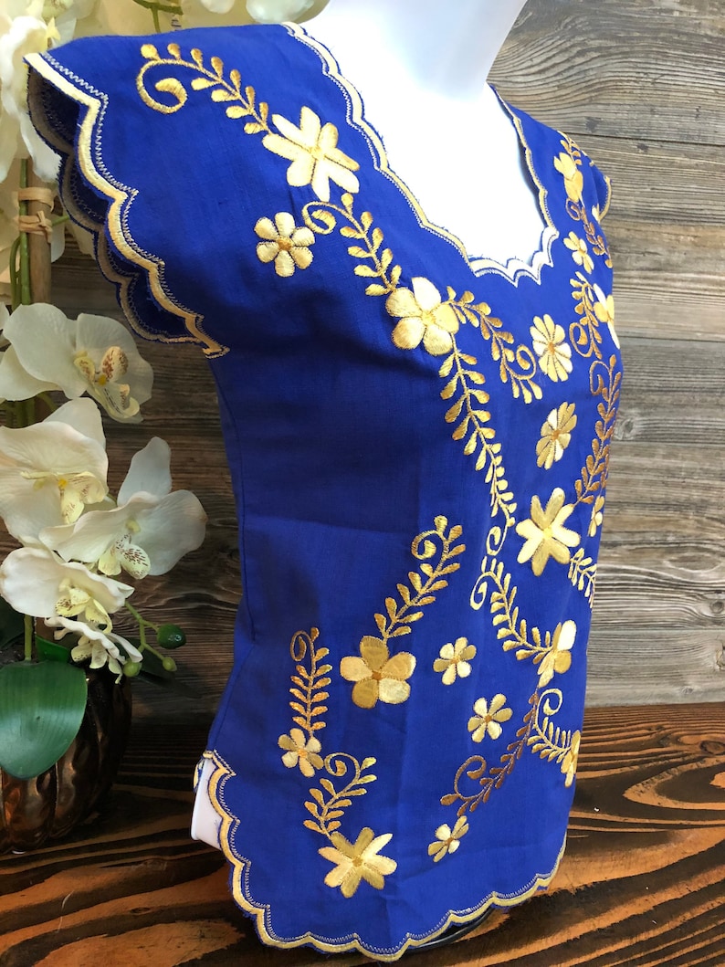 Women Mexican Huipil Blouse Embroidered King Blue Blusa Artesanal Bordada Azul Rey
