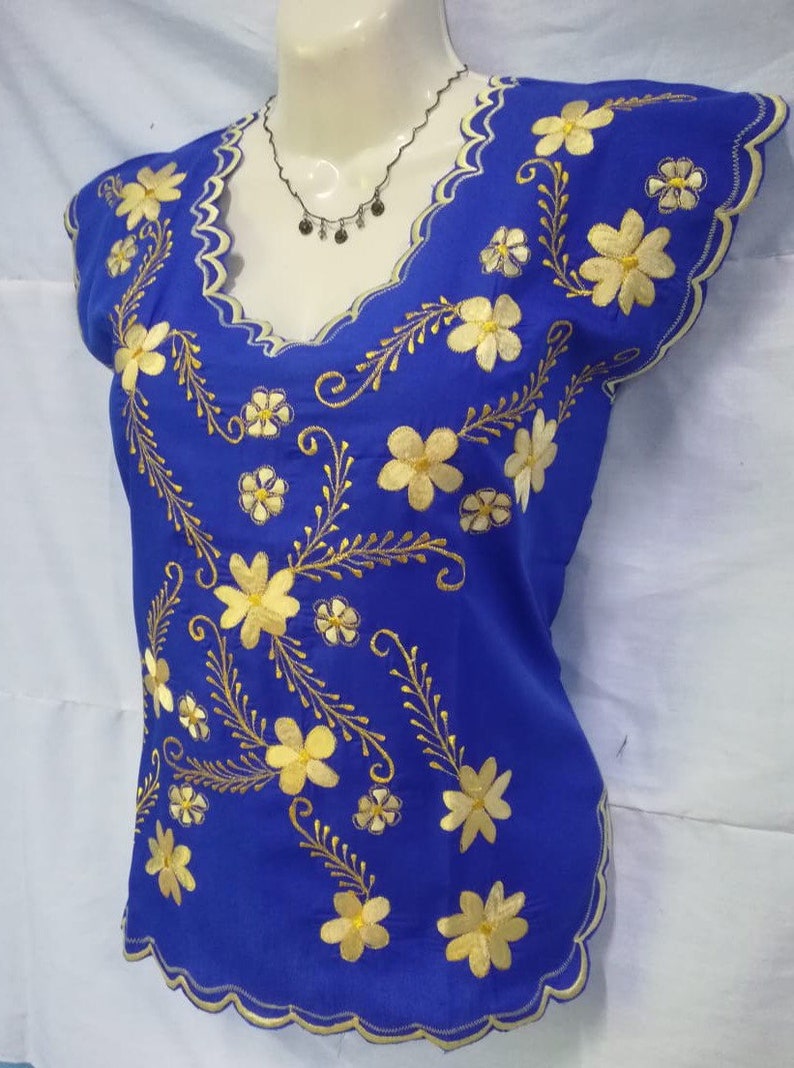 Women Mexican Huipil Blouse Embroidered King Blue Blusa Artesanal Bordada Azul Rey