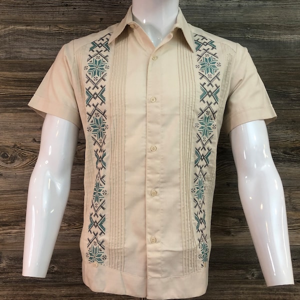 Mens Handcrafted Mexican Guayabera Shirt Linen Short Sleeve Beige Double Embroidery Cross Stitch Green