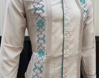 Mens Mexican Guayabera Dress Shirt Khaki Brown Long Sleeve Green Embroidery